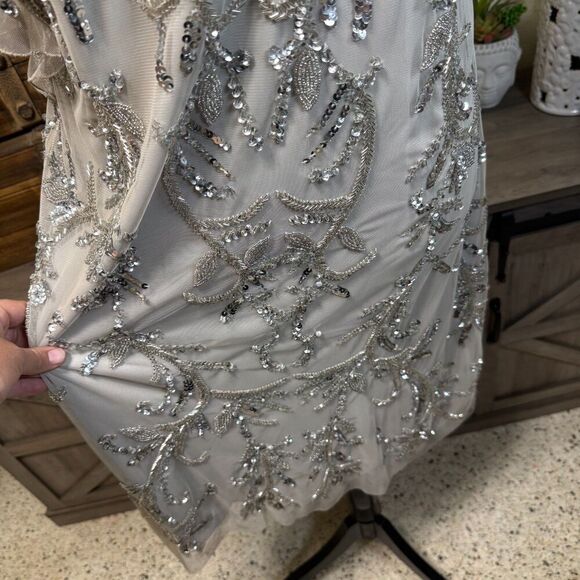 Johnny Was Silver Sequin Cocktail Mini Formal Dress Size 12 Flutter Sleeve Glitz - Picture 4 of 13